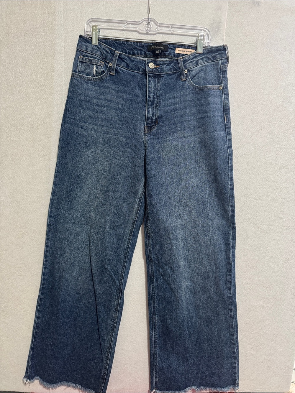BCBGeneration Wide-Leg High-Rise Raw Hem Jeans in Dark Blue Denim